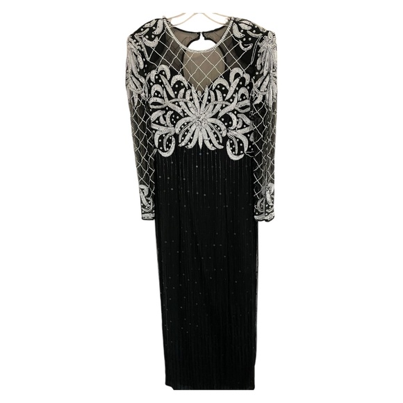Beaded Silk Laurence Kazar Evening Gown Size Medium STUNNING Dress! Black White - Picture 1 of 9